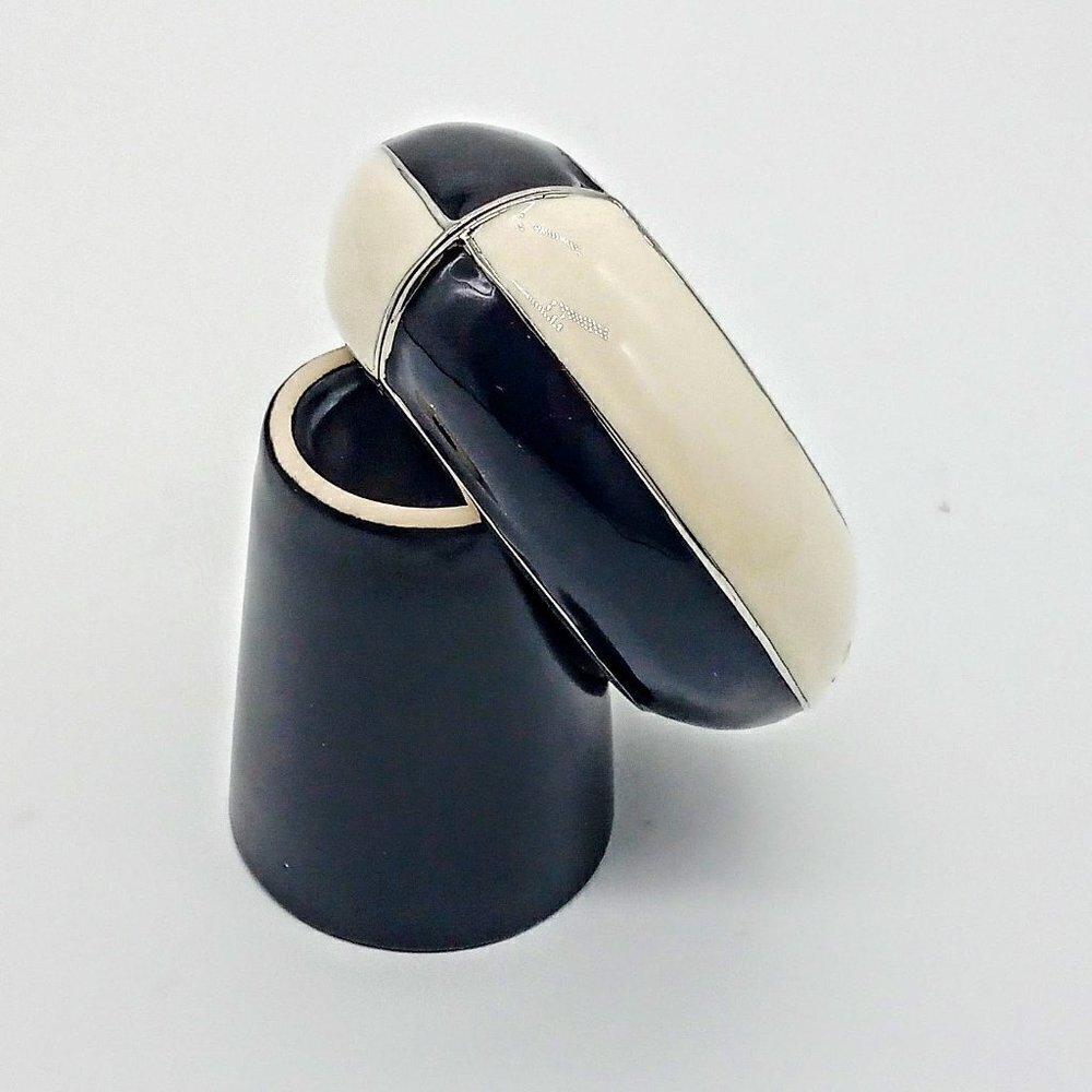 Black Cream Enamel Wide Hinged Silver Bangle
